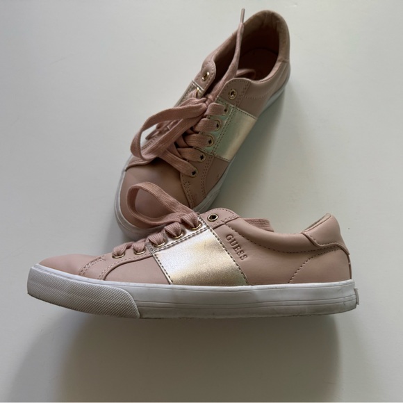 Guess tennis shoes, six, blush/gold, slight scratch on right shoe, Warren wants - Picture 1 of 6